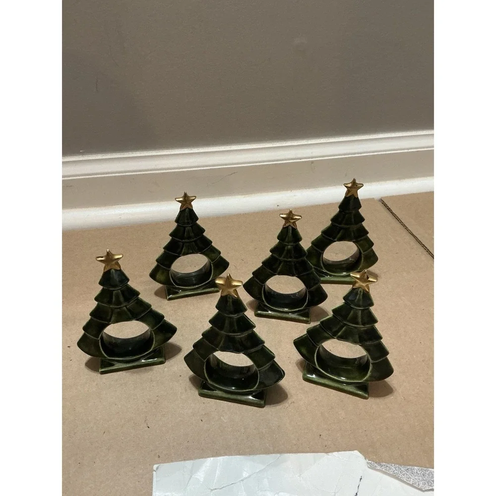Christmas Green Tree Vintage Napkin Rings Holders Ceramic Star Lot of 6